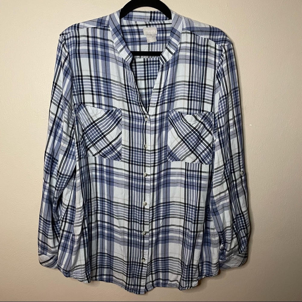 Chicos Blue Plaid Easy Roll Tab Button Up Shirt Women’s Size 3 (16/18)
